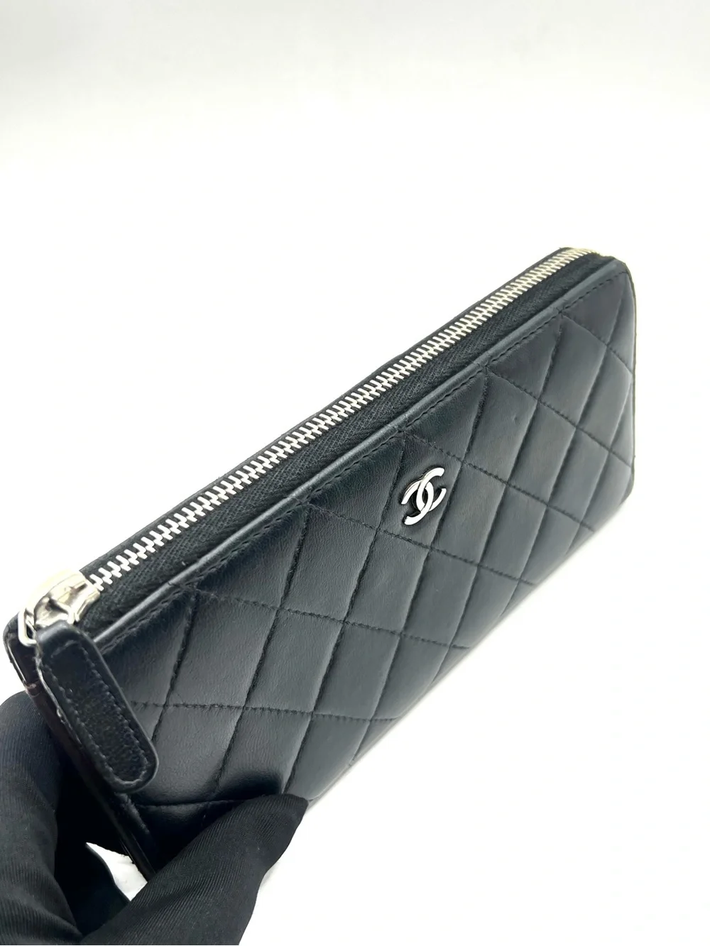 Authentic CC Chanel Black Matelasse Quilted Leather Zip-Around Long Wallet